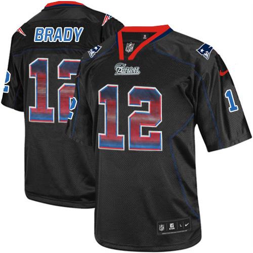 Nike Patriots #12 Tom Brady Lights Out Black Men's Stitched NFL Elite Strobe Jersey - Click Image to Close